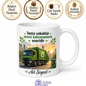 Çöp Kamyonu Sürücüsüne Geri Dönüşüm Şehir Kahramanı Temalı Hediye Kupa Bardak