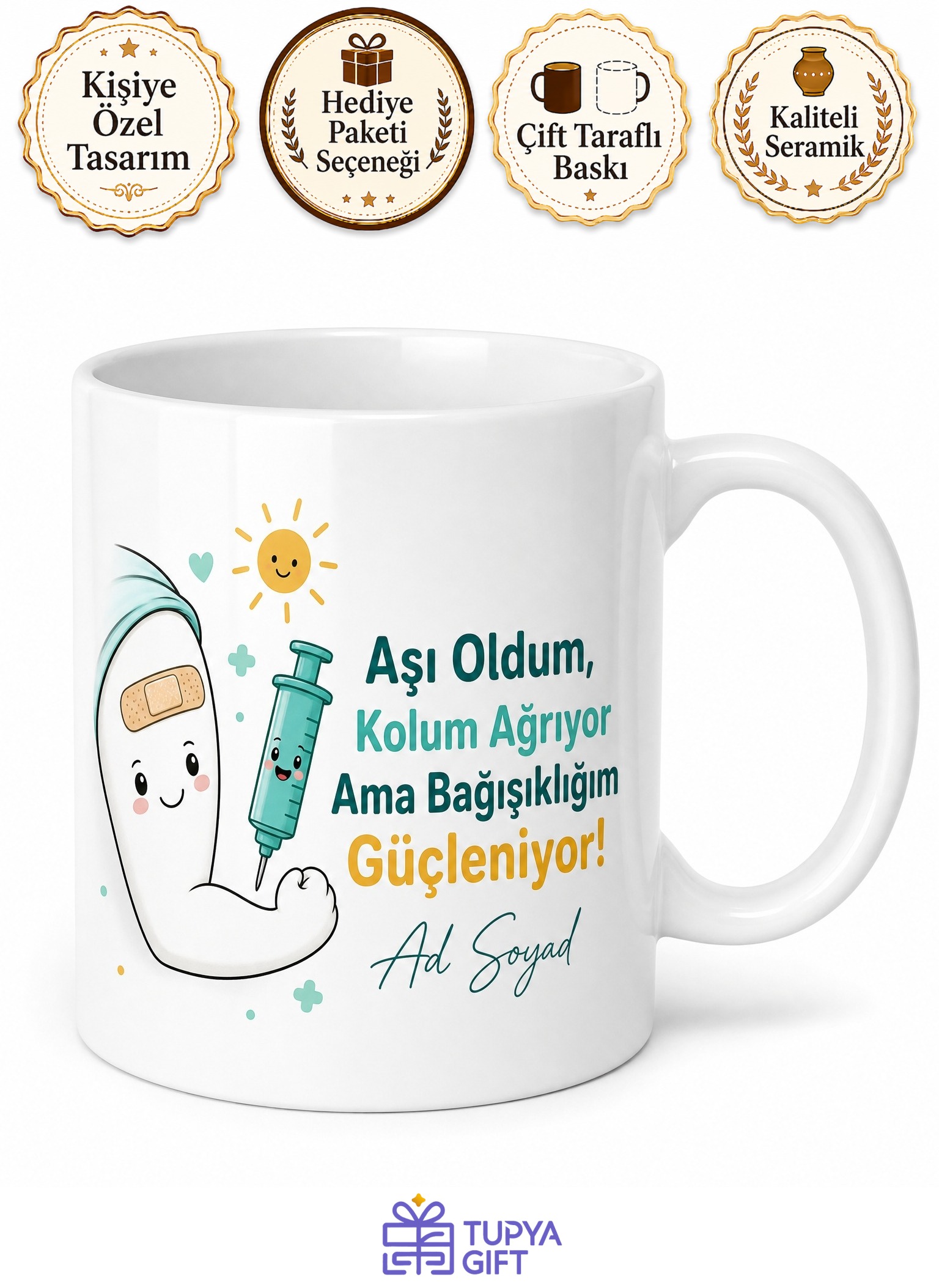 Aşı Olanlara Kol Ağrısı Koruyucu Bağışıklık Güçlendirme Hediye Kupa Bardak