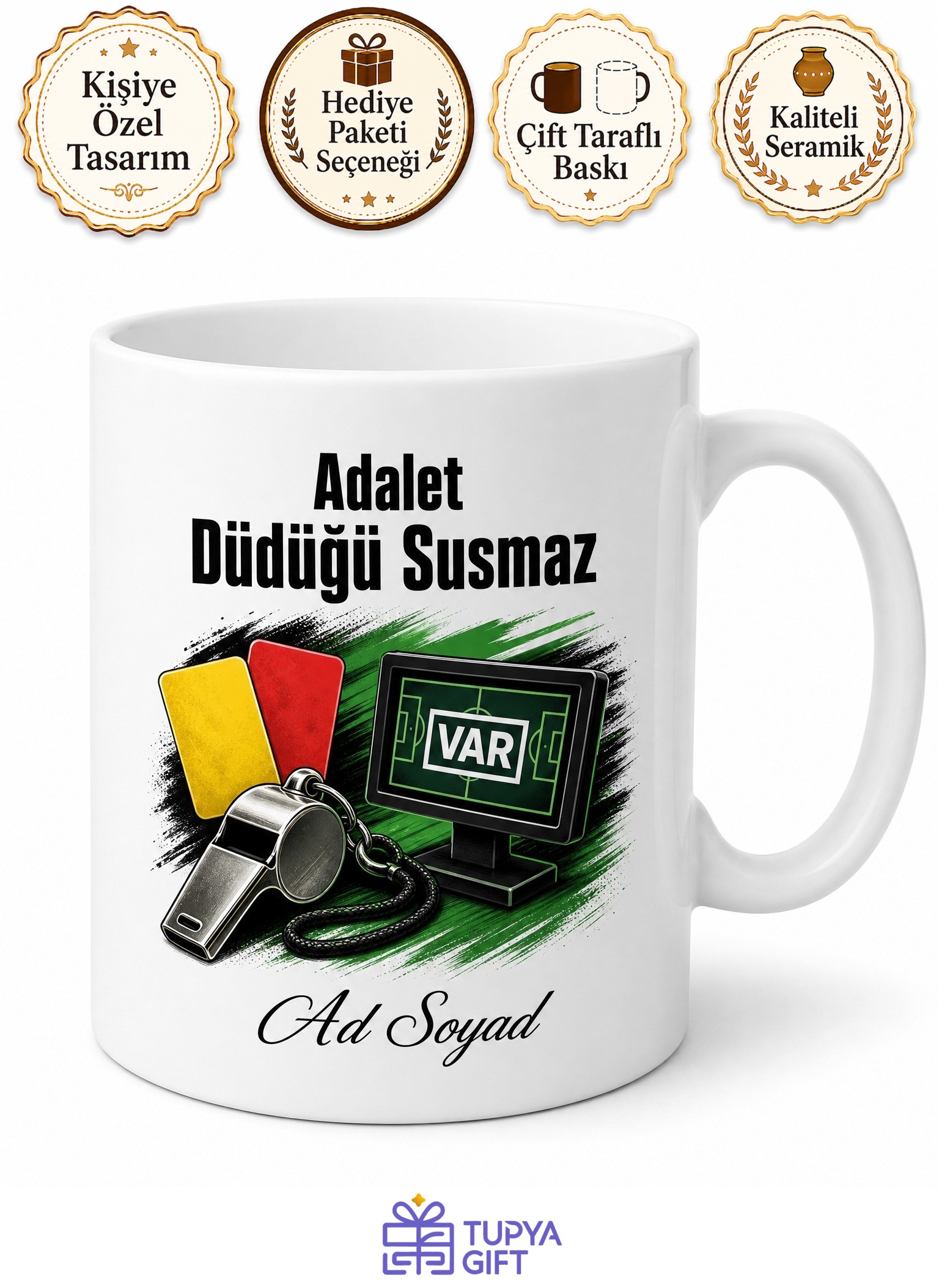 Hakeme Adil Yönetim Futbol Sahası Adaleti VAR Kararı Düdük Baskılı Kupa Hediye Bardak