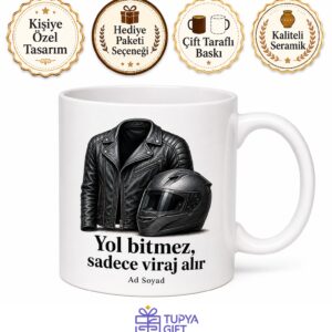 Motosikletçiye Kask Ve Deri Ceket Asfalt Ağlatan Kahve Kupa Bardak Hediye