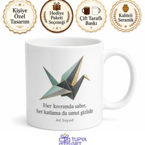 Origami Kağıt Katlama Sanatı Turna Kuşu Sabır Temalı Porselen Kupa Bardak Hediye