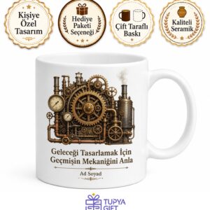 Steampunk Mekanik Dişli Çark Buhar Makinesi Temalı Baskılı Porselen Kupa Bardak Hediye