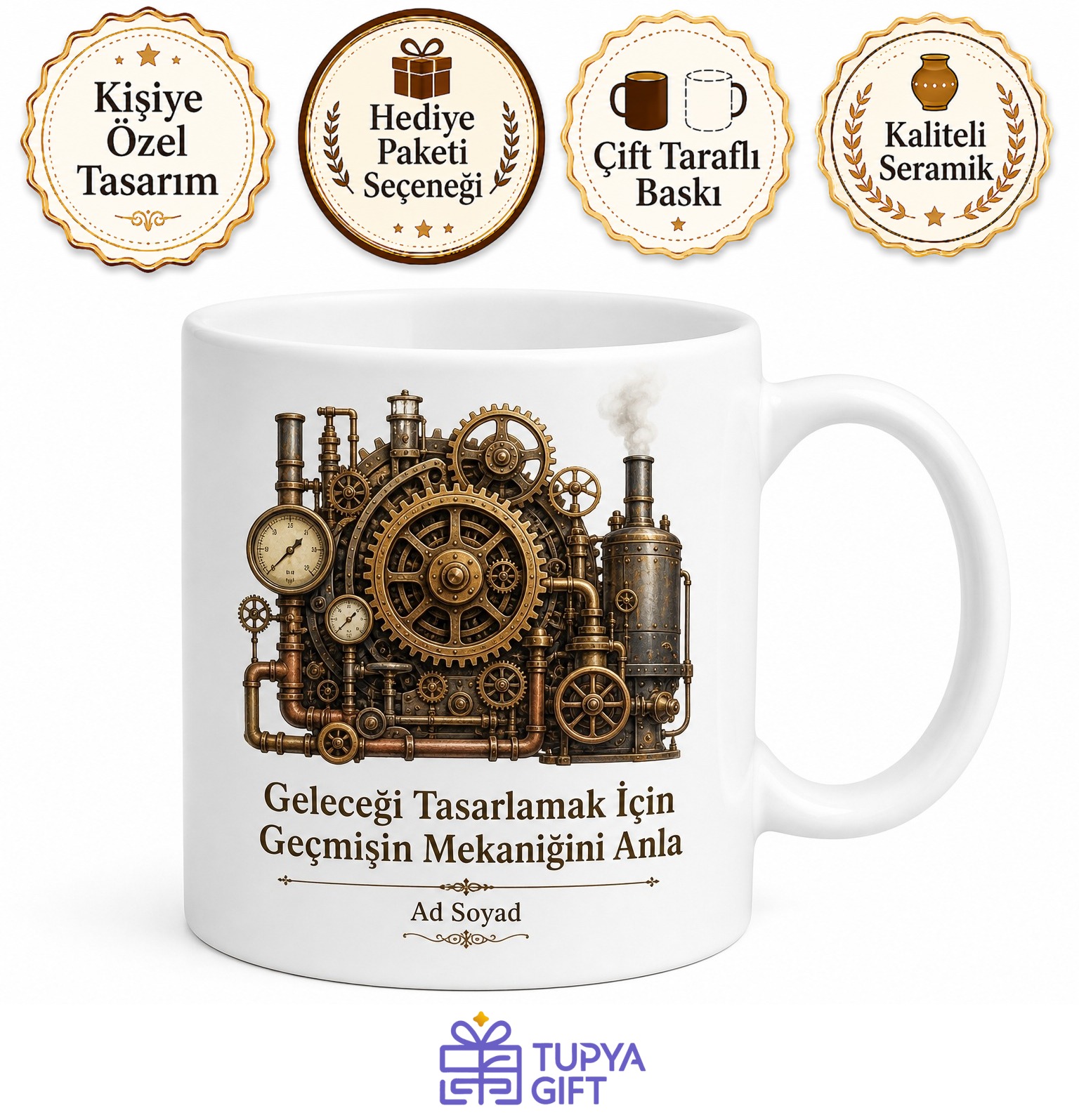 Steampunk Mekanik Dişli Çark Buhar Makinesi Temalı Baskılı Porselen Kupa Bardak Hediye
