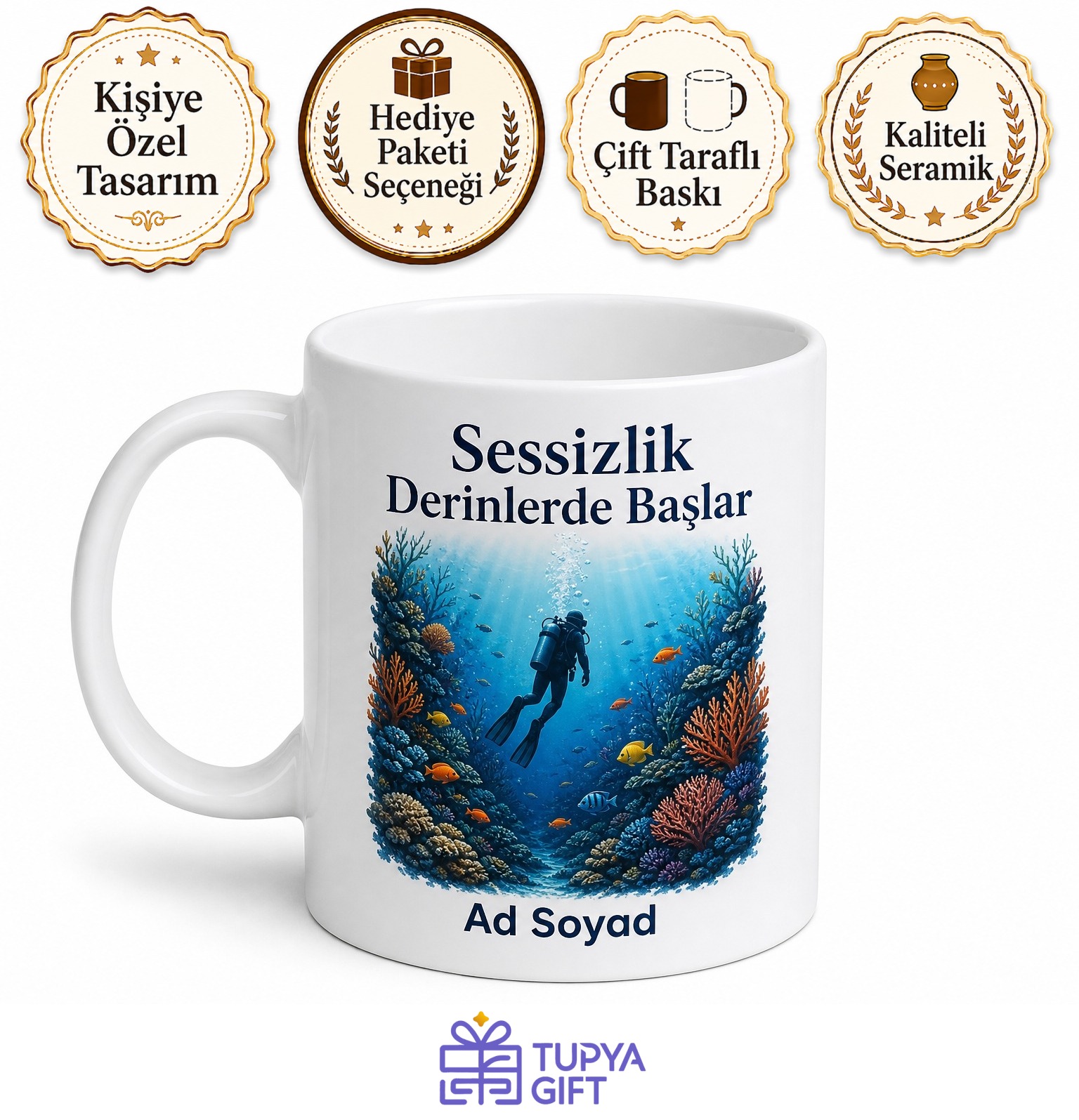 Dalgıca Hediye Sualtı Derinlik Mercan Resifi Tüplü Dalış Ruhu Baskılı Porselen Kupa Bardak
