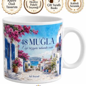 Muğla Plakalı Begonvil Çiçekli Beyaz Evler Temalı Yazlık Kupa Bardak Hediye