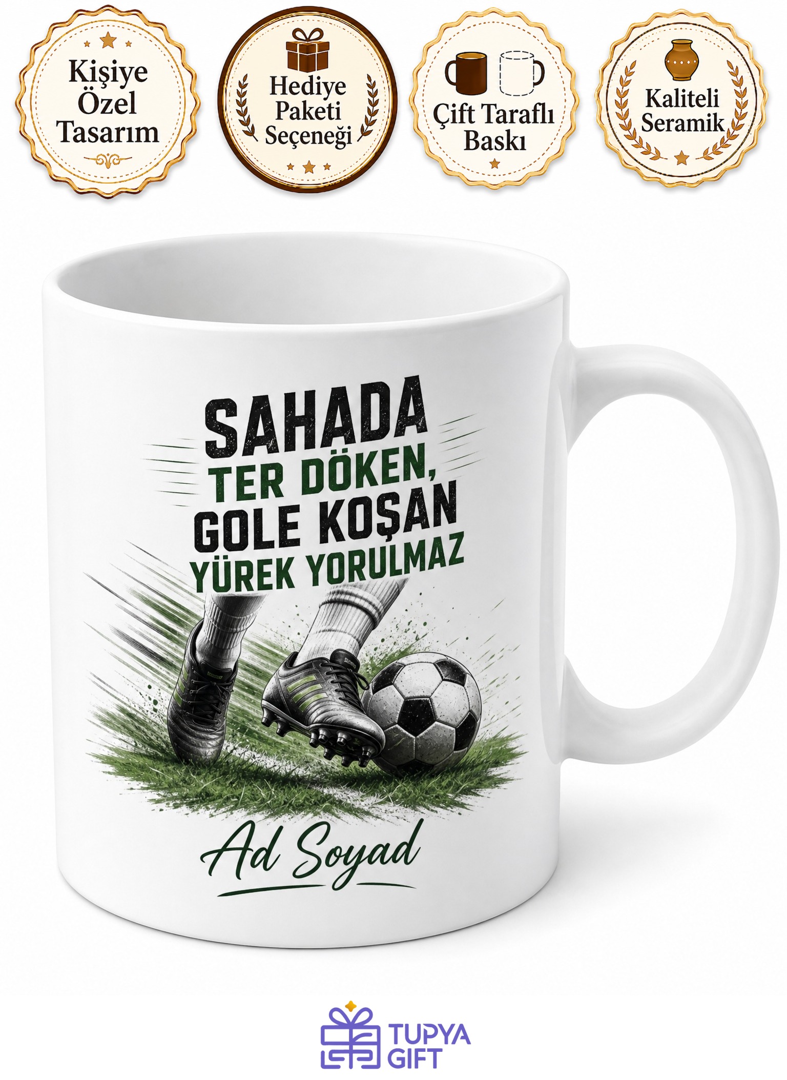 Futbolcuya Hediye Yeşil Saha Krampon Antrenman Çalım Ustası Baskılı Porselen Kupa Bardak