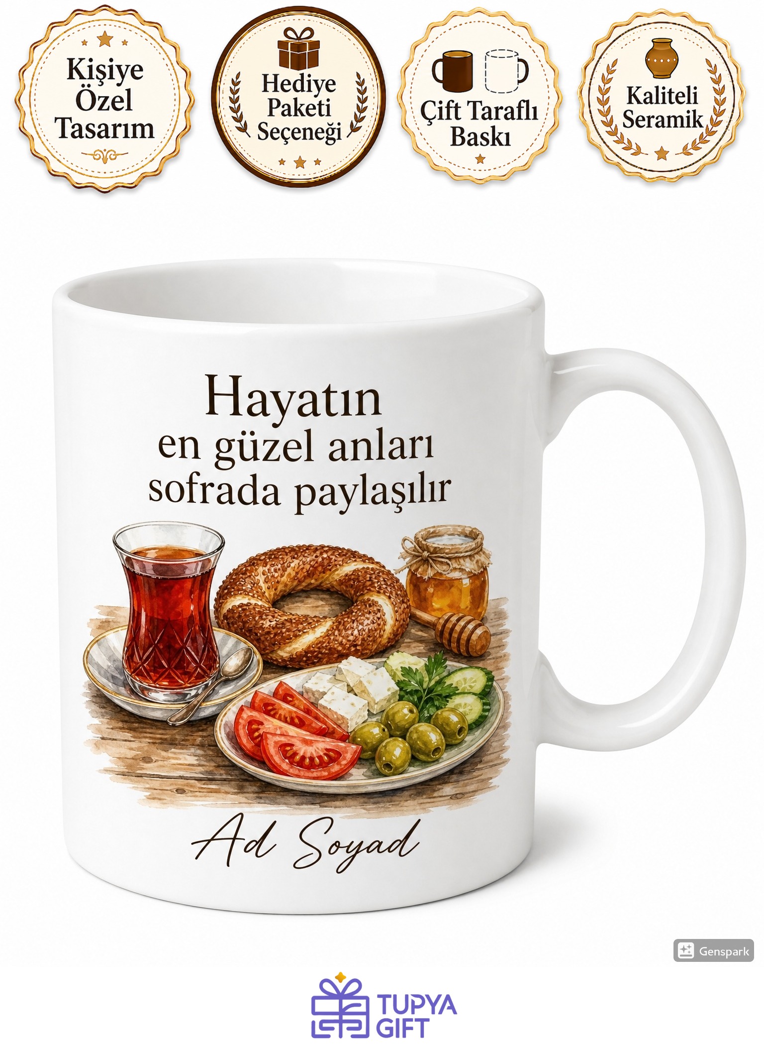 Pazar Kahvaltısı Temalı Baskılı Kupa Bardak Hediye Porselen Mug