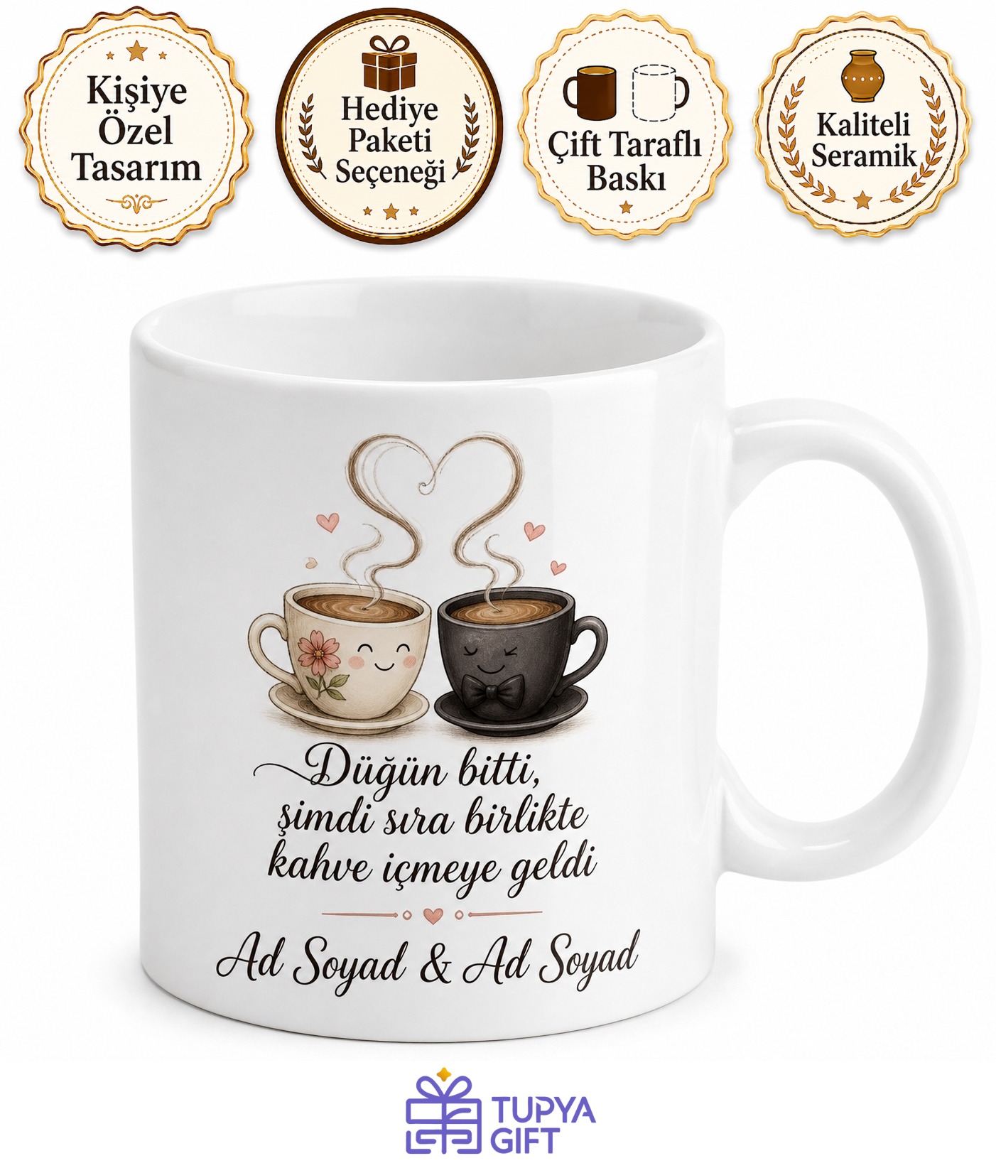 Balayı Kahvesi Çift Kupası Düğün Yorgunluğu Hediye Bardak Porselen Kupa