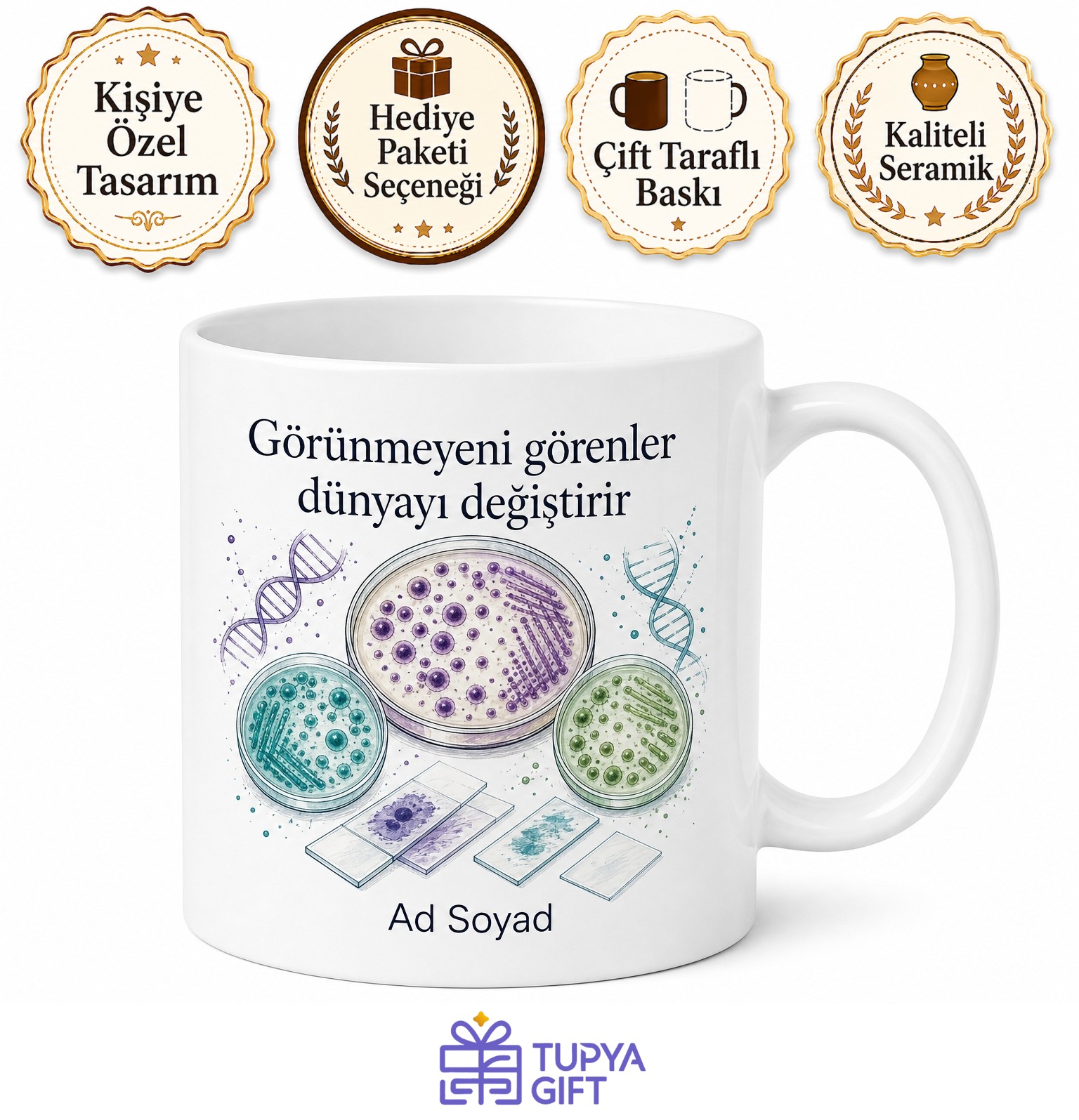 Mikrobiyoloğa Hediye Kültür Bakterisi Mikroskop Lameli Laboratuvar Temalı Baskılı Kupa Bardak