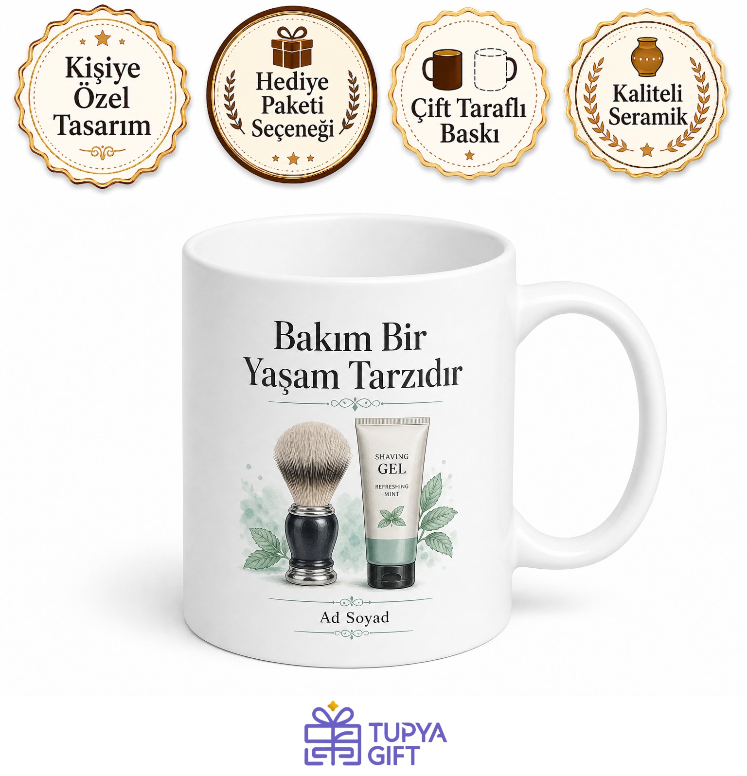 Traş Jeli Hassas Cilt Pürüzsüz Traş Erkek Bakım Temalı Baskılı Porselen Kupa Bardak Hediye