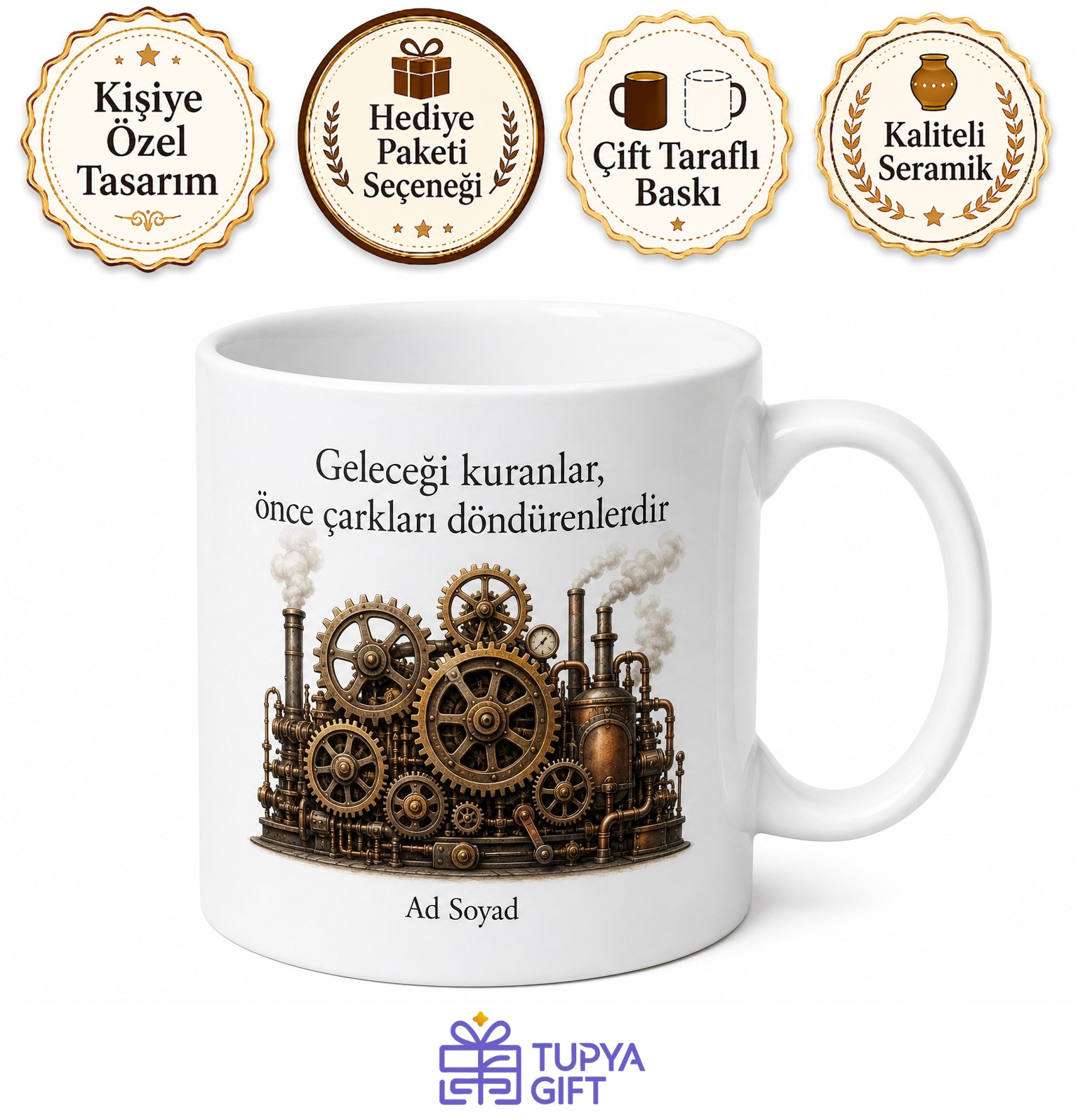 Steampunk Buhar Makinesi Mekanik Dişli Çark Tasarım Kupa Bardak Hediye