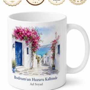 Muğla Bodrum Beyaz Evler Mavi Kapı Begonvil Çiçekleri Kupa Bardak Hediye