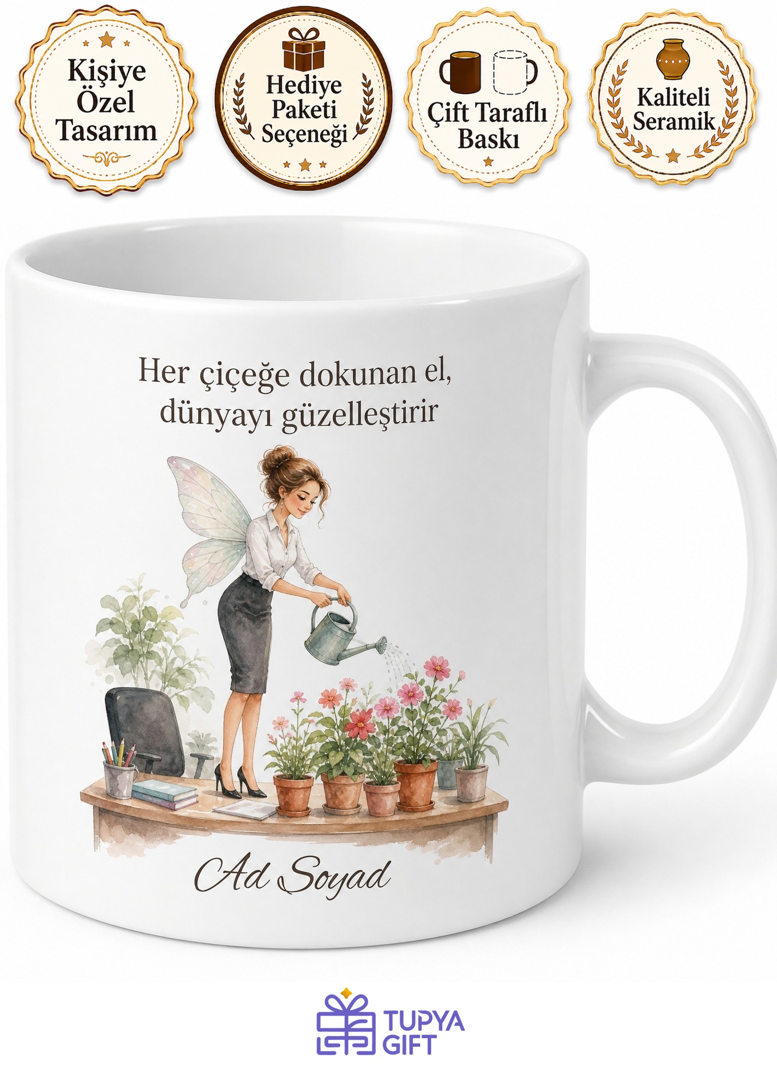 Ofisin Doğa Perisi Çiçek Sulayan Kupa Bardak Hediye Baskılı Porselen Mug