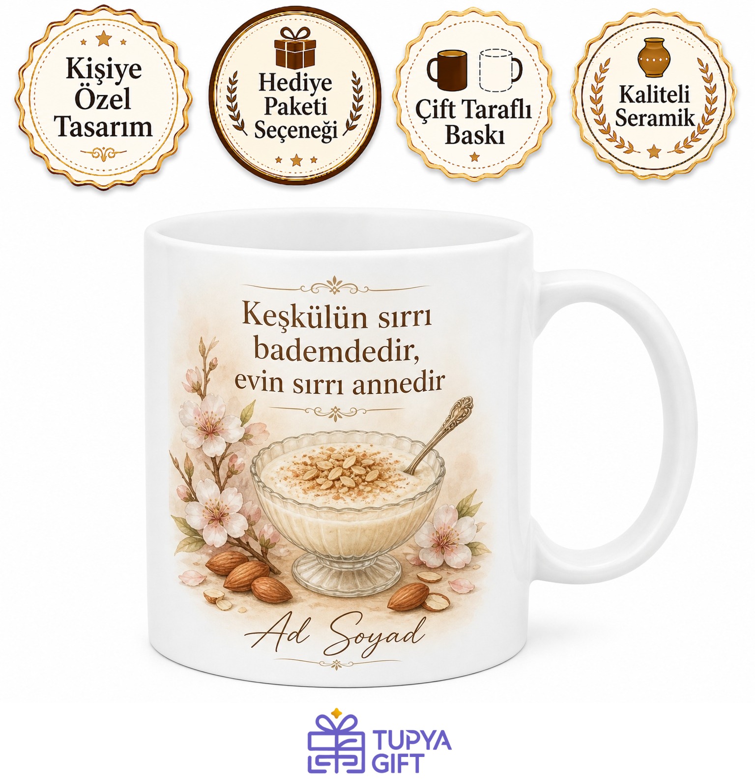 Keşkül Yapan Annelere Bademli Keşkül Kupa Bardak Anneye Özel Hediye