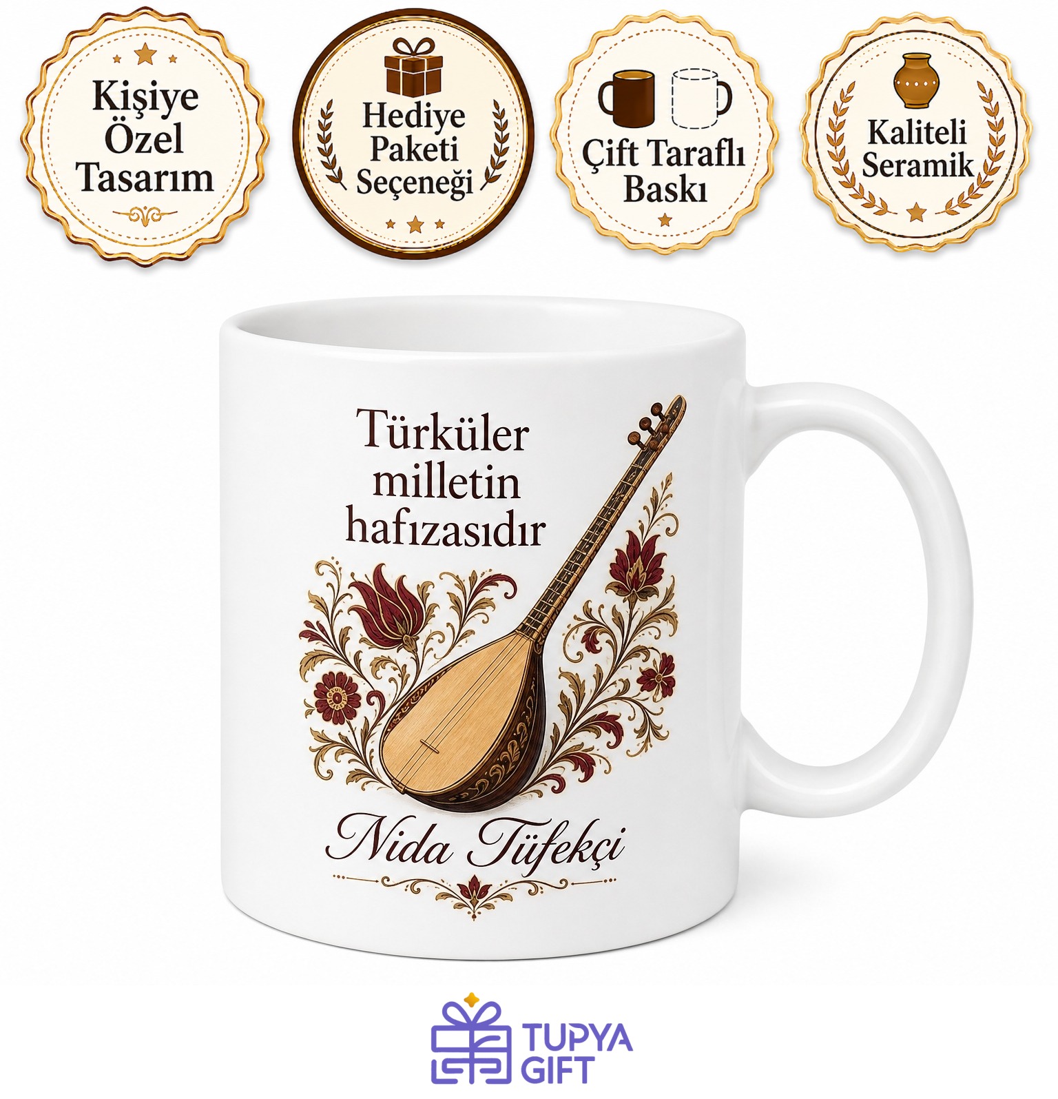Nida Tüfekçi Bağlama Üstadı Türkü Araştırmacısı Halk Müziği Akademisyeni Kupa Bardak Hediye