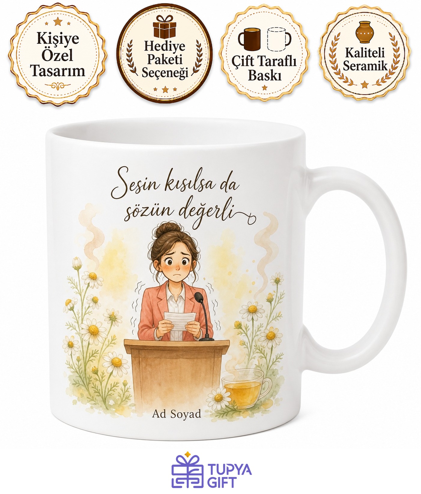 Sunum Sırasında Sesi Kısılan Heyecanlı Çalışan Papatya Çayı Kupası Hediye Bardak
