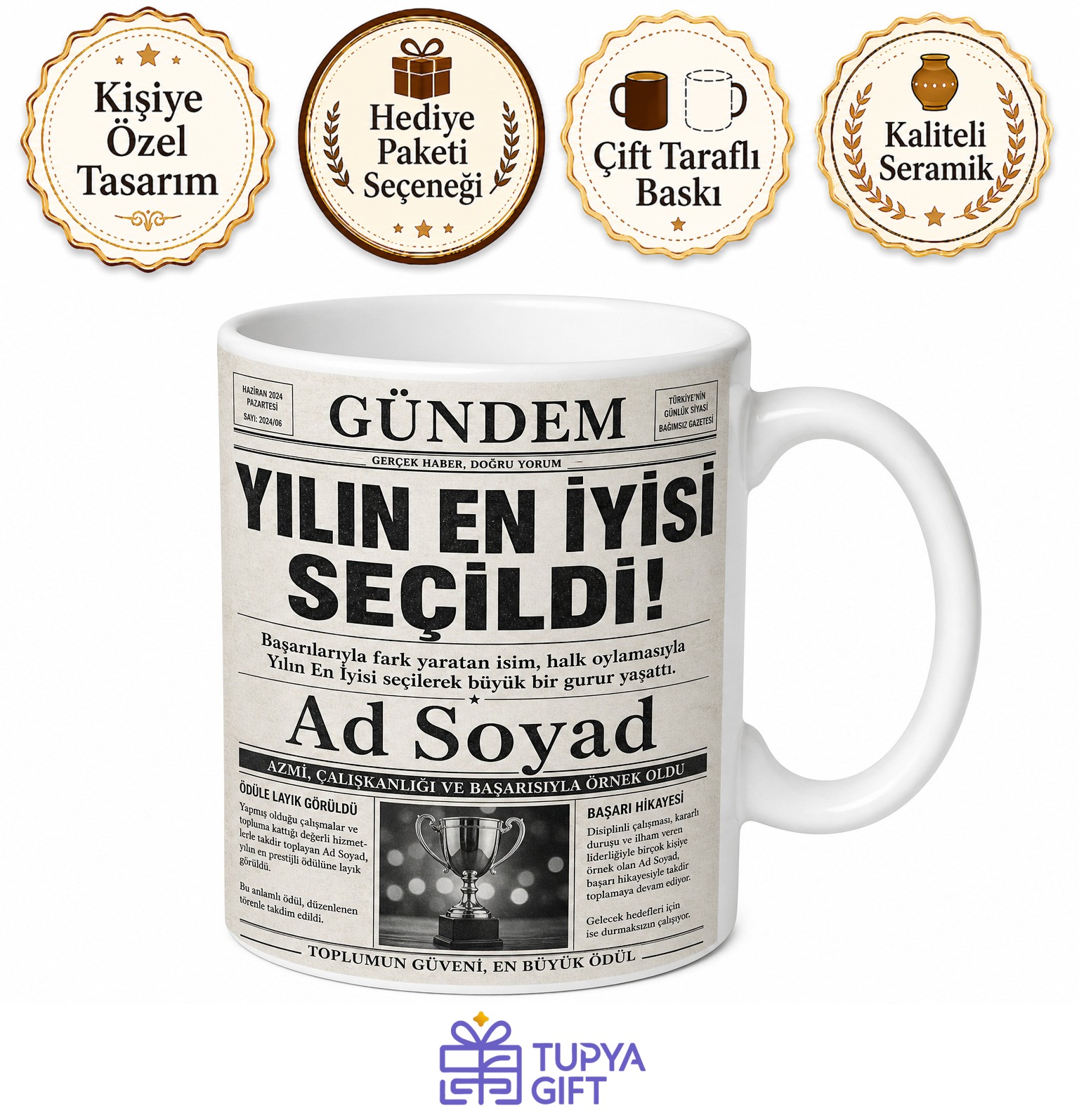 Gazete Manşeti Görünümlü Yılın En İyisi Esprili Hediye Kupa Bardak