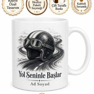 Motosiklet Tutkunlarına Kask Ve Asfalt Ruhu Çizimli Kupa Bardak Hediye
