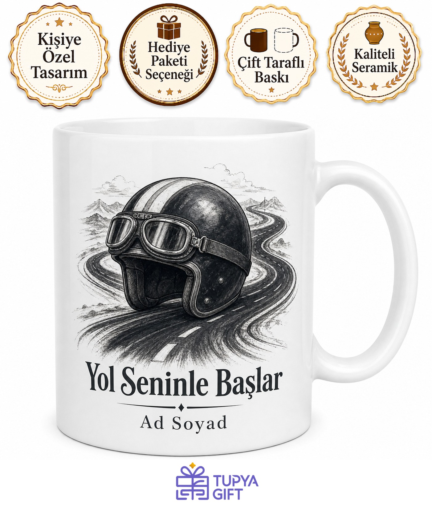 Motosiklet Tutkunlarına Kask Ve Asfalt Ruhu Çizimli Kupa Bardak Hediye