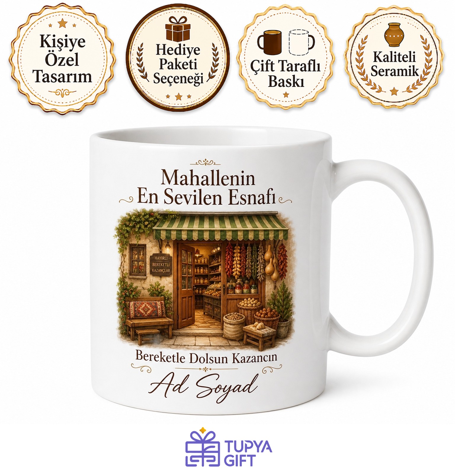 Mahallenin En Sevilen Esnafı Yazılı Bereketli Kazanç Kupası Hediye Bardak
