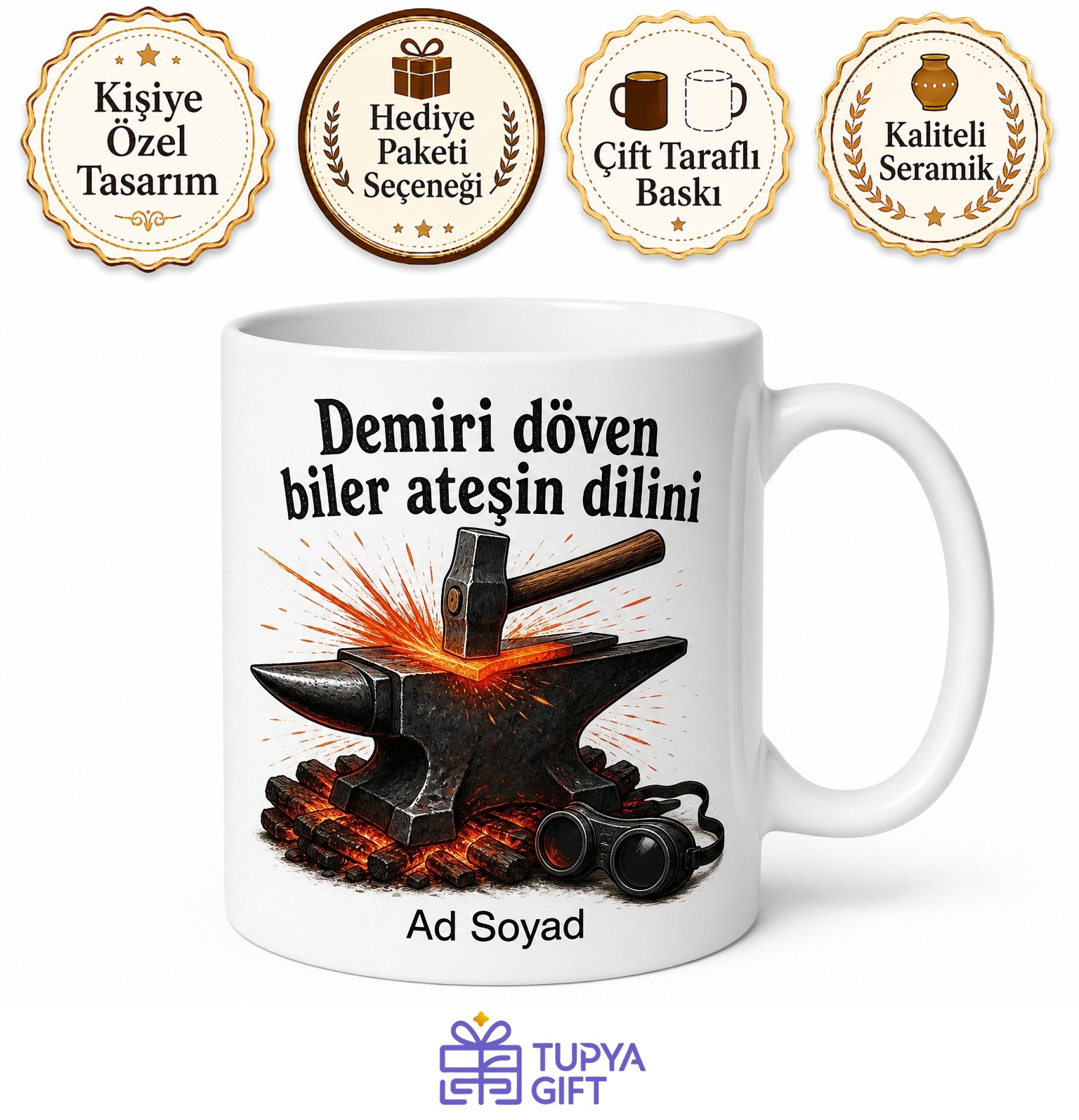Demirciye Örs Üzerinde Dövme Kıvılcımlar Kaynak Gözlüğü Demir Doğrama Kupa Hediye