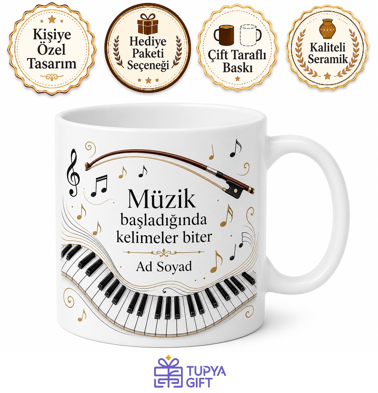 Klasik Müzik Piyano Tuşları Keman Yayı Senfonisi Temalı Kupa Bardak Hediye