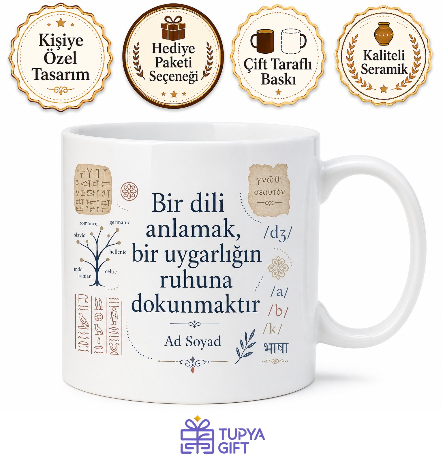 Dilbilimciye Hediye Etimoloji Gramer Ölü Diller Dilin Kökeni Temalı Porselen Kupa Bardak