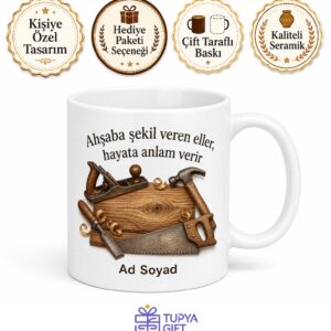 Marangoz Ustasına Ahşap İşleri Mobilya Montajı Temalı Baskılı Porselen Kupa Bardak Hediye