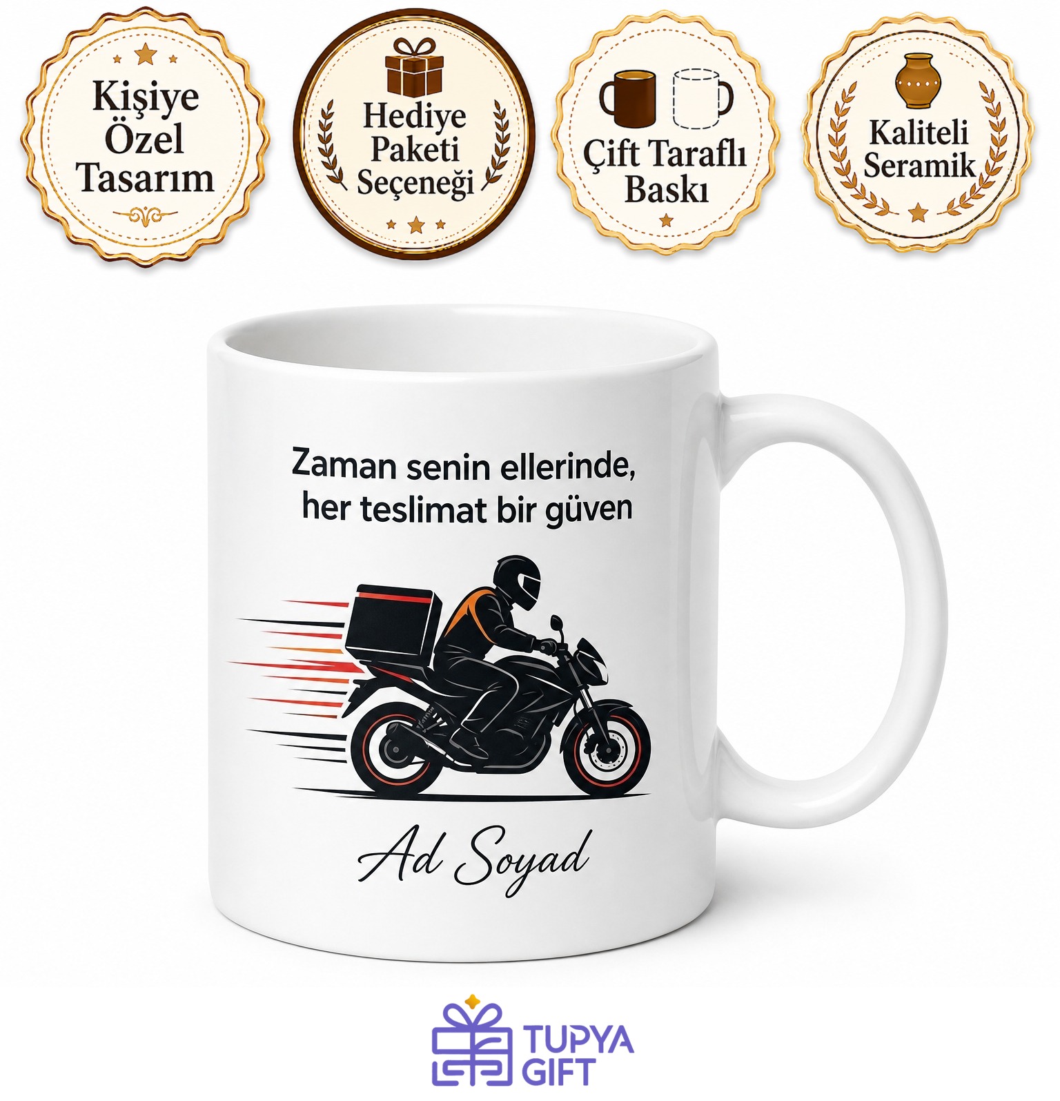 Kurye Motosiklet Paket Teslimat Kargo Hızı Temalı Baskılı Porselen Kupa Bardak Hediye