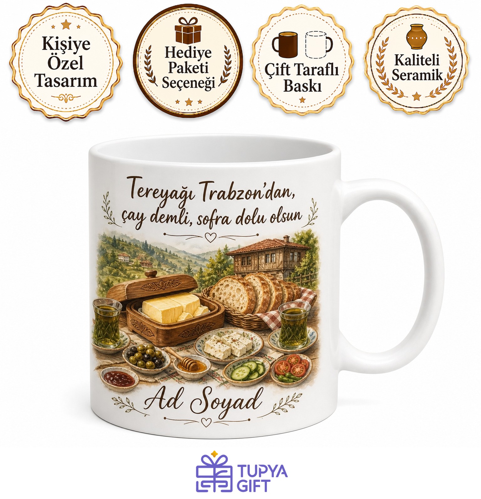 Tereyağı Kullananlara Trabzon Tereyağı Köy Tereyağı Kahvaltı Sofrası Kupa Hediye Bardak
