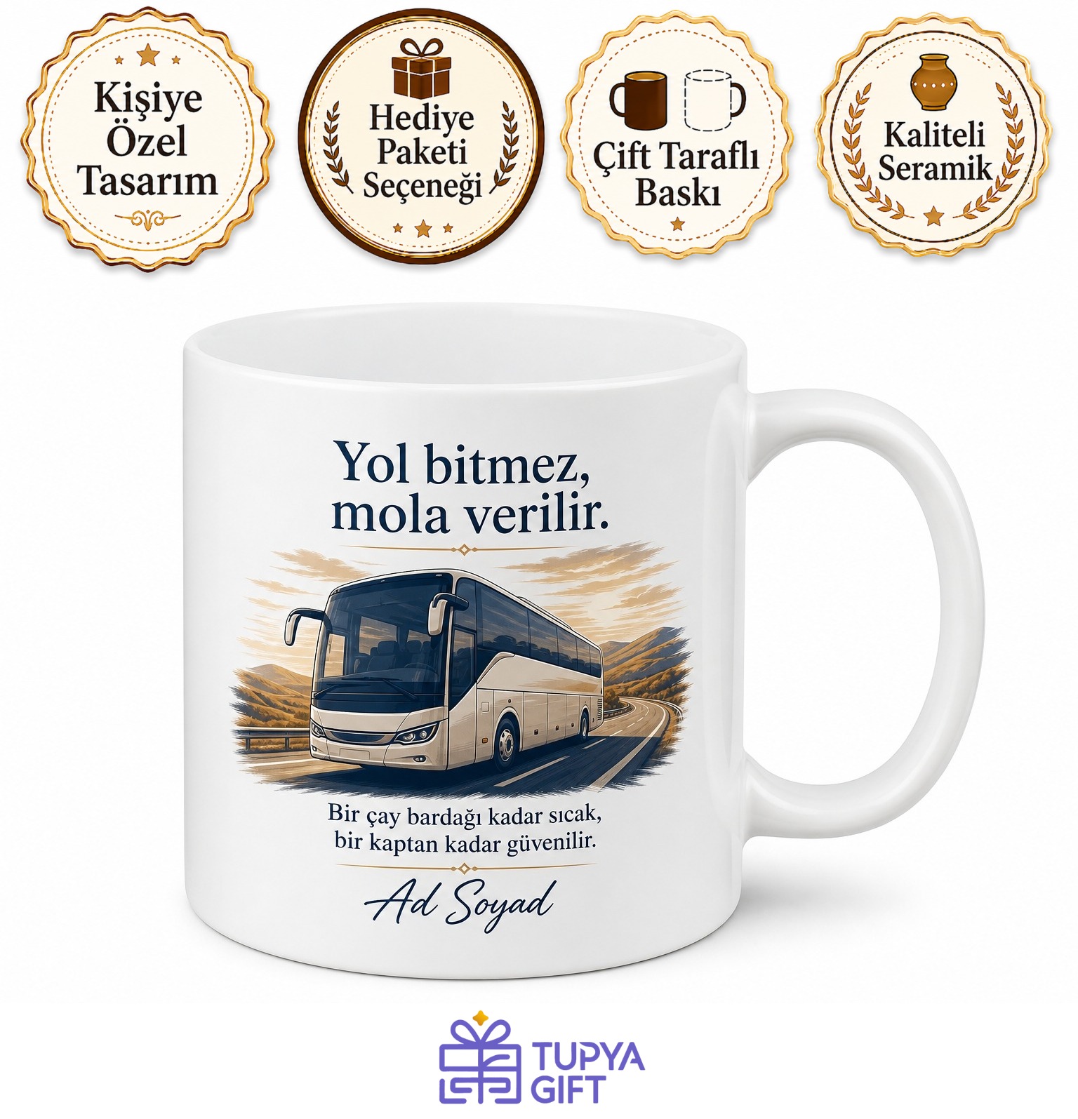 Uzun Yol Otobüs Kaptanına Mola Yeri İnce Belli Çay Bardağı Kupa Hediye