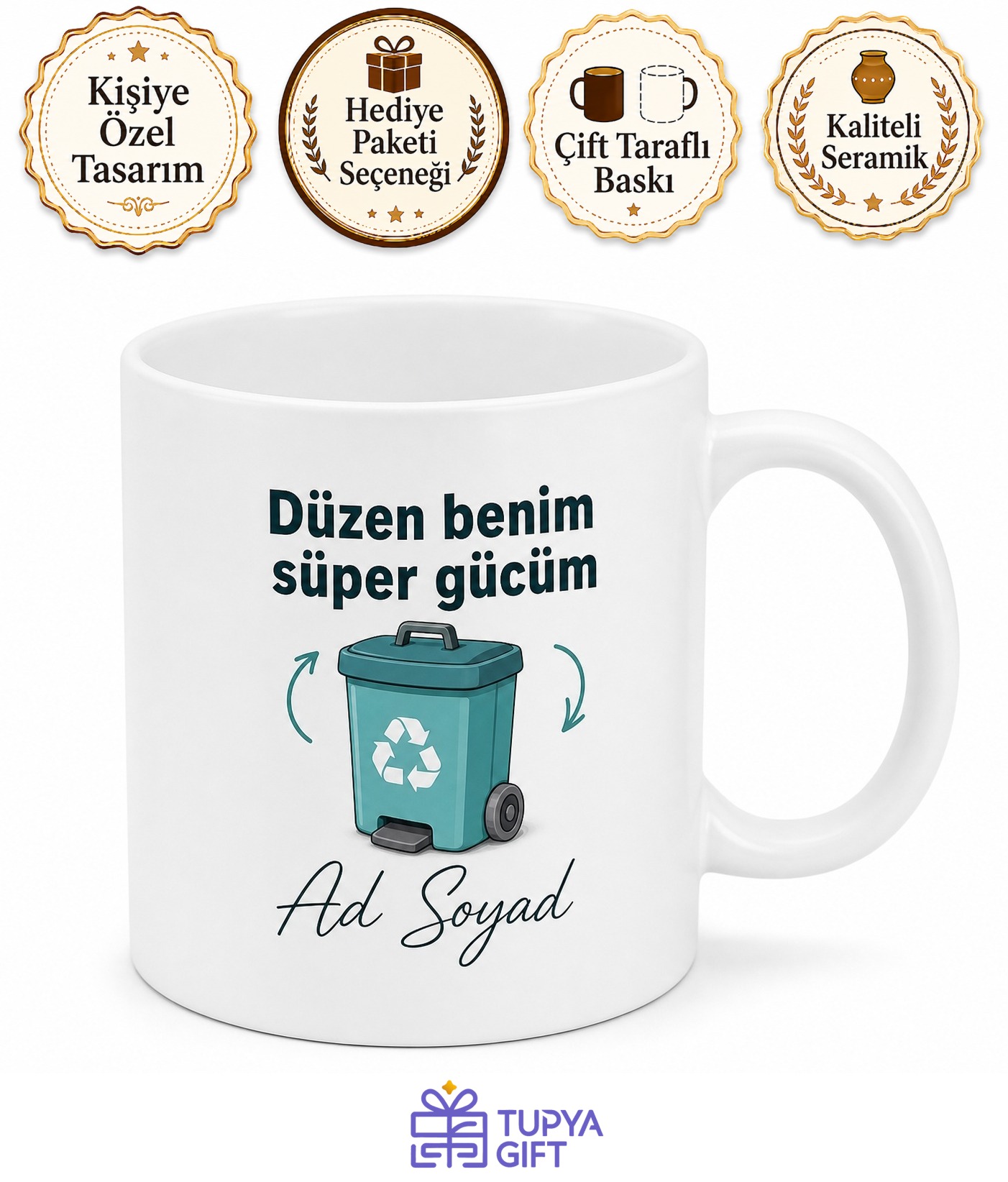 Çöp Kovası Kullananlara Hediye Pedallı Çöp Kovası Geri Dönüşüm Temalı Baskılı Kupa Bardak