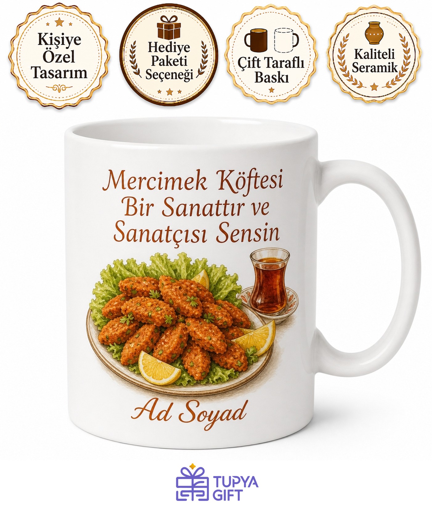 Mercimek Köftesi Yapan Annelere Çay Yanı Limonlu Marullu Kupa Bardak Hediye