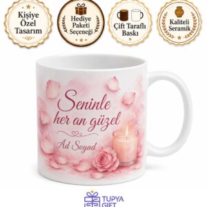 Romantik Pastel Pembe Gül Yaprağı Mum Işığı Kupa Bardak Sevgiliye Hediye