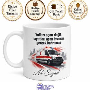 Ambulans Şoförüne Hediye Hayat Kurtaran Acil Çağrı Temalı Beyaz Porselen Kupa Bardak