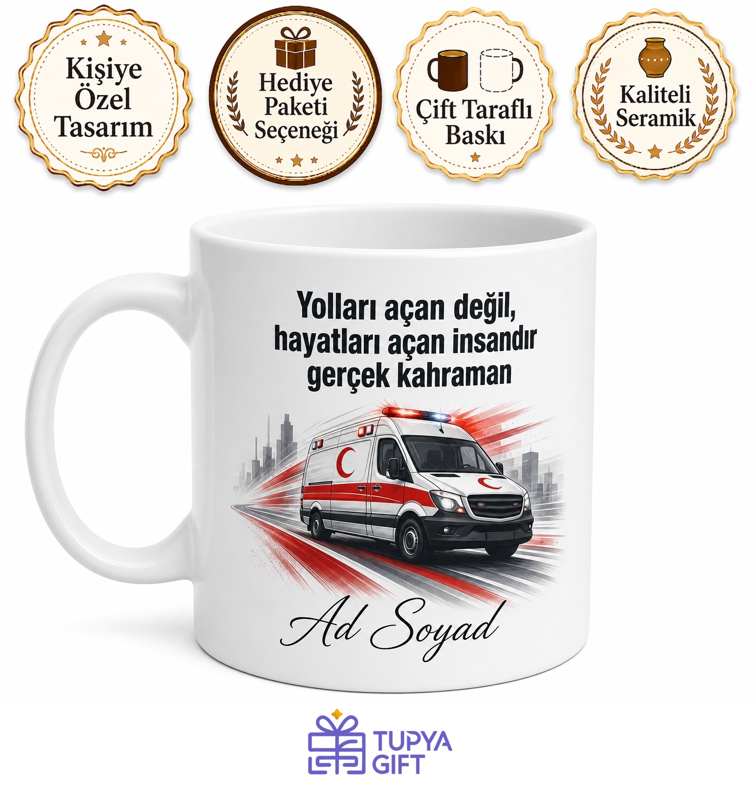 Ambulans Şoförüne Hediye Hayat Kurtaran Acil Çağrı Temalı Beyaz Porselen Kupa Bardak
