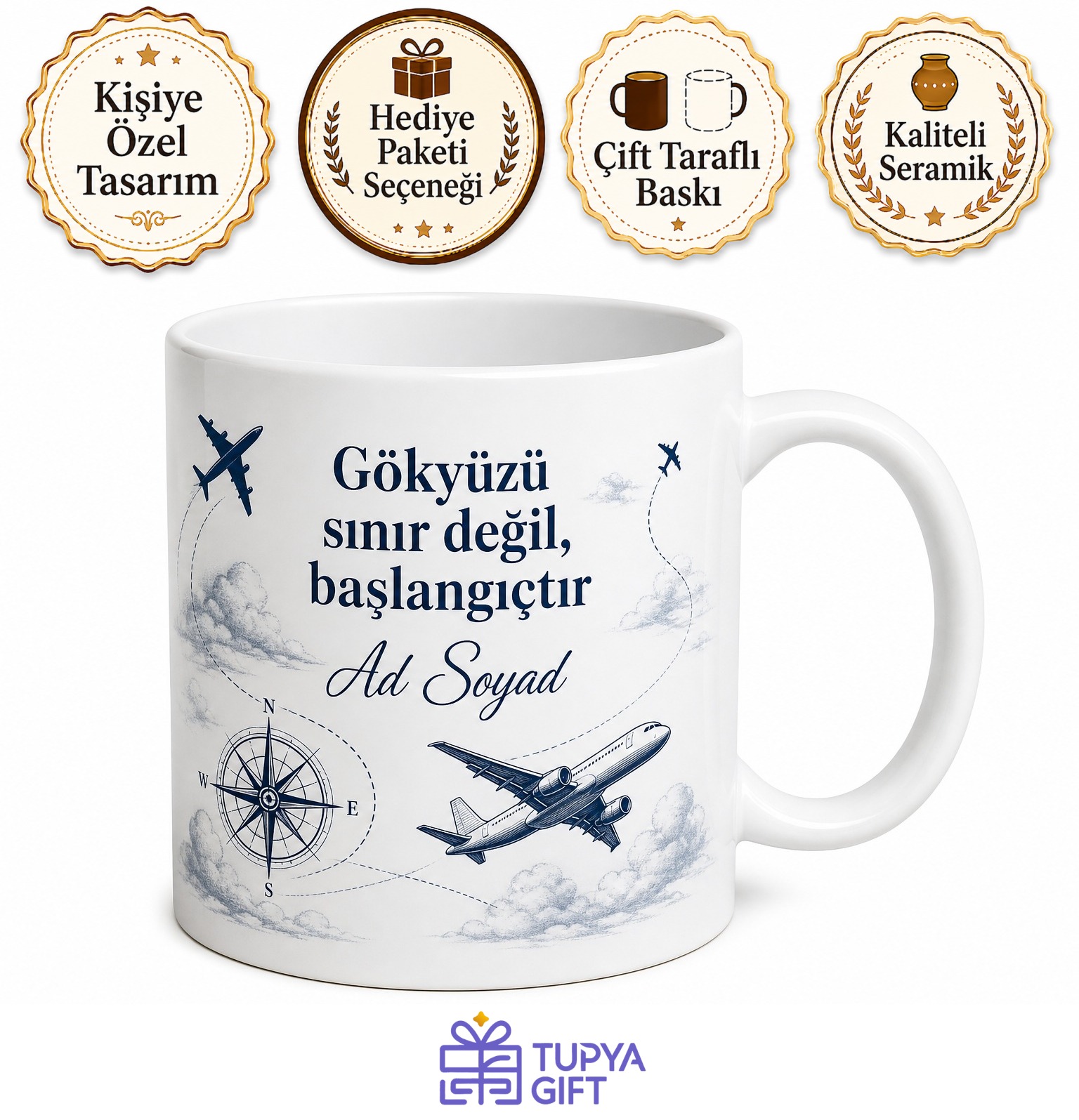 Havacılık Dergileri Uçak Modelleri Pilot Eğitimi Gökyüzü Trafiği Baskılı Porselen Kupa Hediye