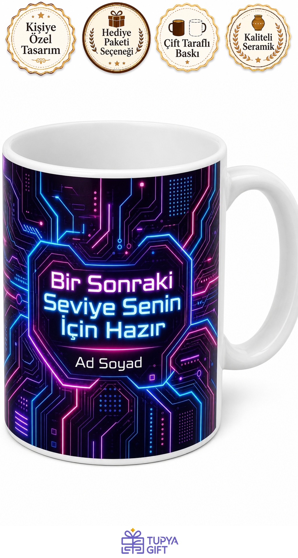 Fütüristik Neon Çizgilerle Tasarlanmış İsme Özel Oyuncu Kahve Kupası Hediye