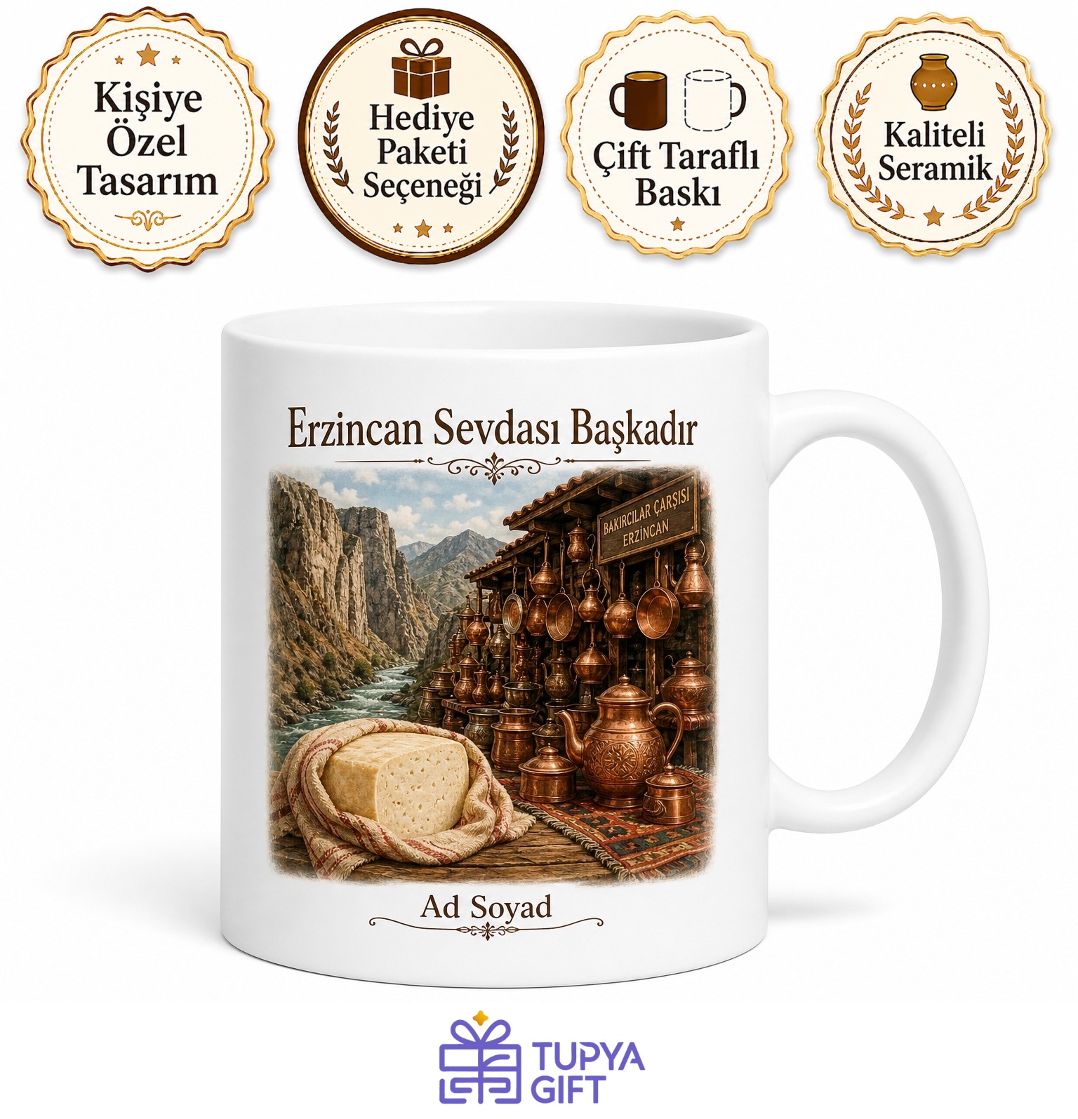 Erzincan Karanlık Kanyon Bakırcılar Çarşısı Tulum Peyniri Baskılı Kupa Bardak Hediye