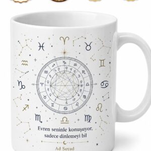 Astroloji Yıldız Haritası Burç Sembolleri Evrenin Mesajı Baskılı Porselen Kupa Hediye Bardak