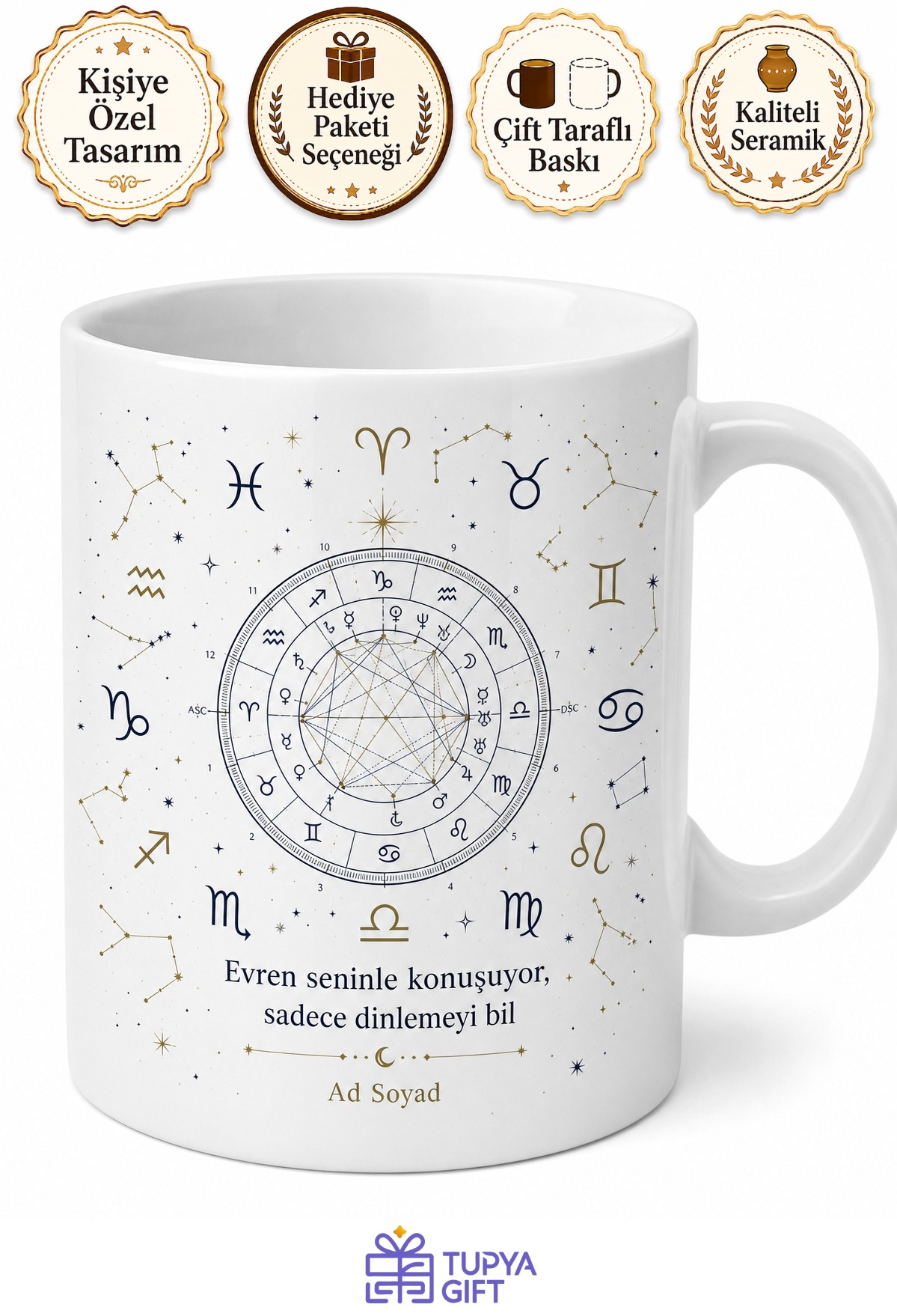 Astroloji Yıldız Haritası Burç Sembolleri Evrenin Mesajı Baskılı Porselen Kupa Hediye Bardak