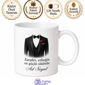 Papyon Takan Smokin Giyen Damada Düğün Şıklığı Kırmızı Halı Zarafeti Özel Kupa Bardak Hediye