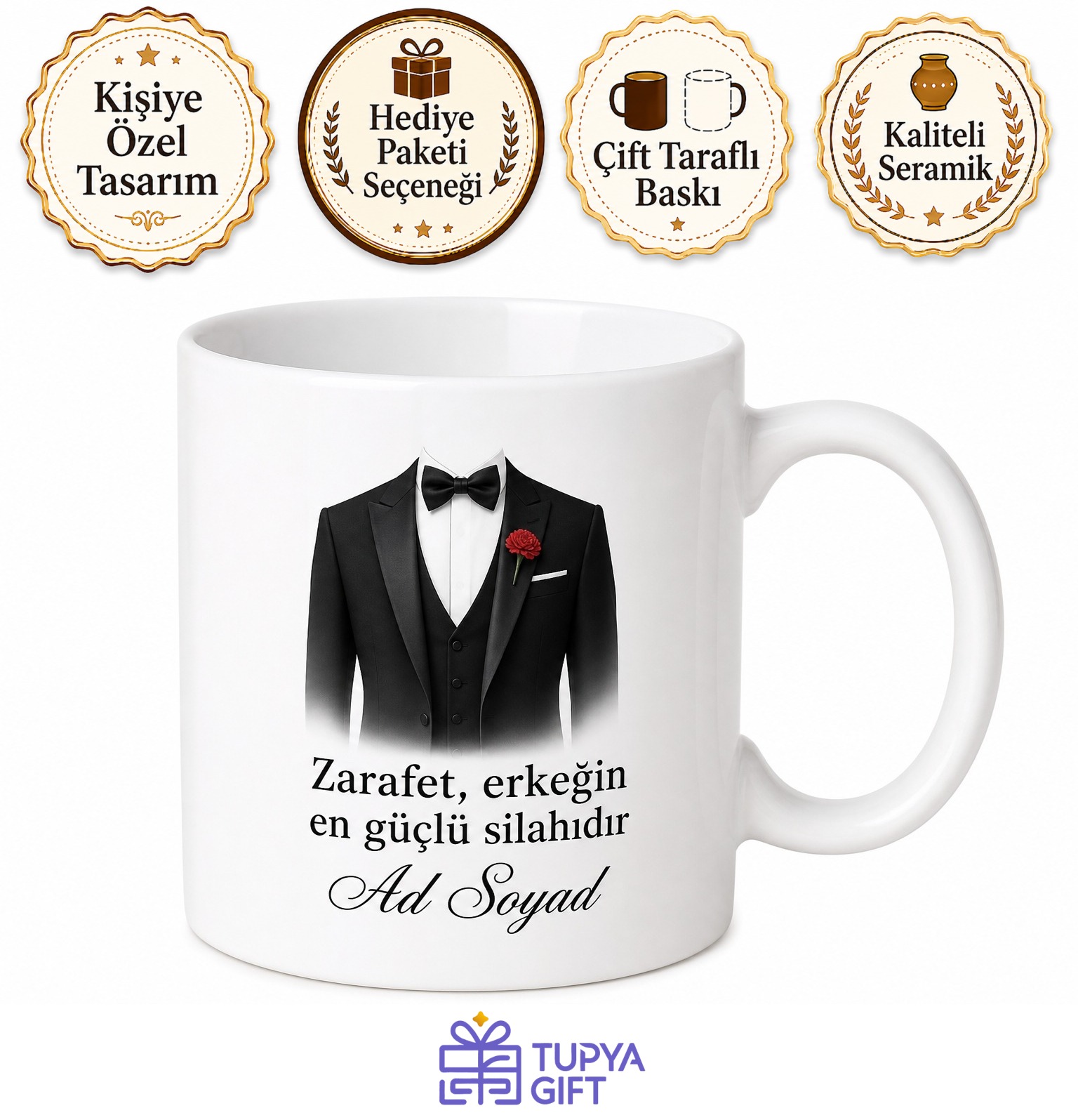 Papyon Takan Smokin Giyen Damada Düğün Şıklığı Kırmızı Halı Zarafeti Özel Kupa Bardak Hediye