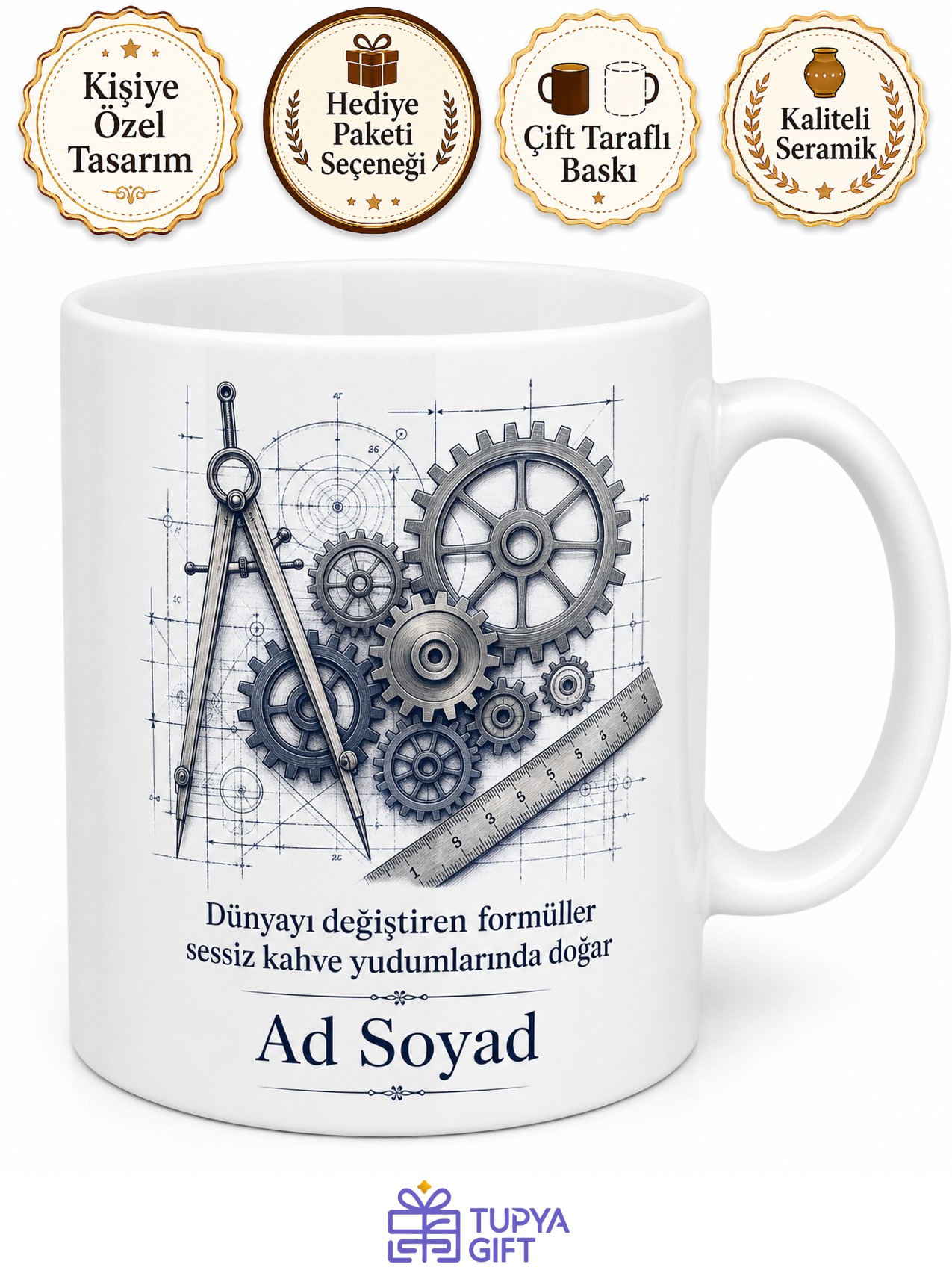 Mühendislik Dişli Çarklar Pergel Cetvel İnovasyon Tasarım Kupa Bardak Hediye