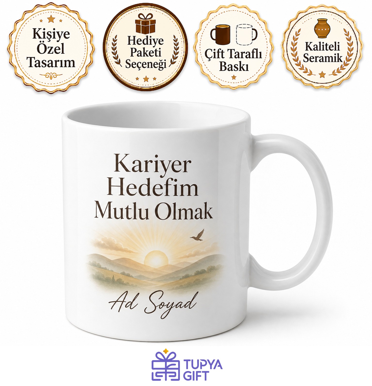 Kariyer Hedefim Mutlu Olmak Yazılı Huzur Arayan Kupa Bardak Hediye