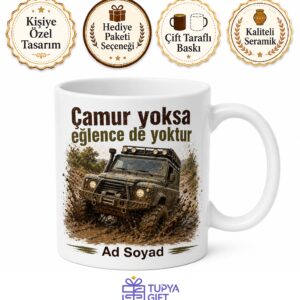 Off-Road Çamura Saplanan Cip 4x4 Çamur Banyosu Baskılı Porselen Kupa Bardak Hediye
