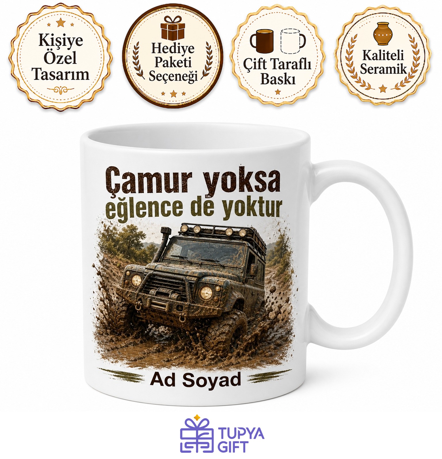 Off-Road Çamura Saplanan Cip 4x4 Çamur Banyosu Baskılı Porselen Kupa Bardak Hediye