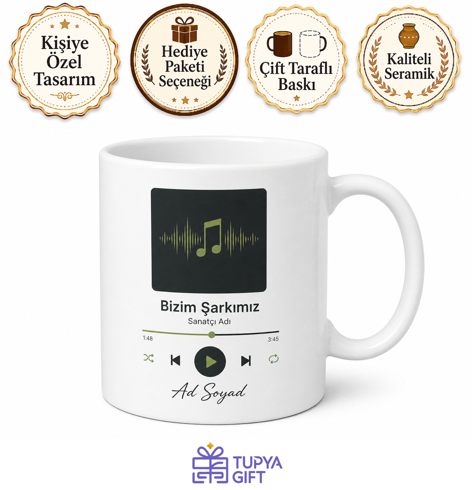 Spotify Müzik Çalar Görünümlü Şarkı İsimli Kişiye Özel Seramik Bardak Kupa Hediye