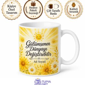 Gülümsemen Dünyayı Değiştirebilir Neşe Saçan Sarı Seramik Kupa Hediye Bardak