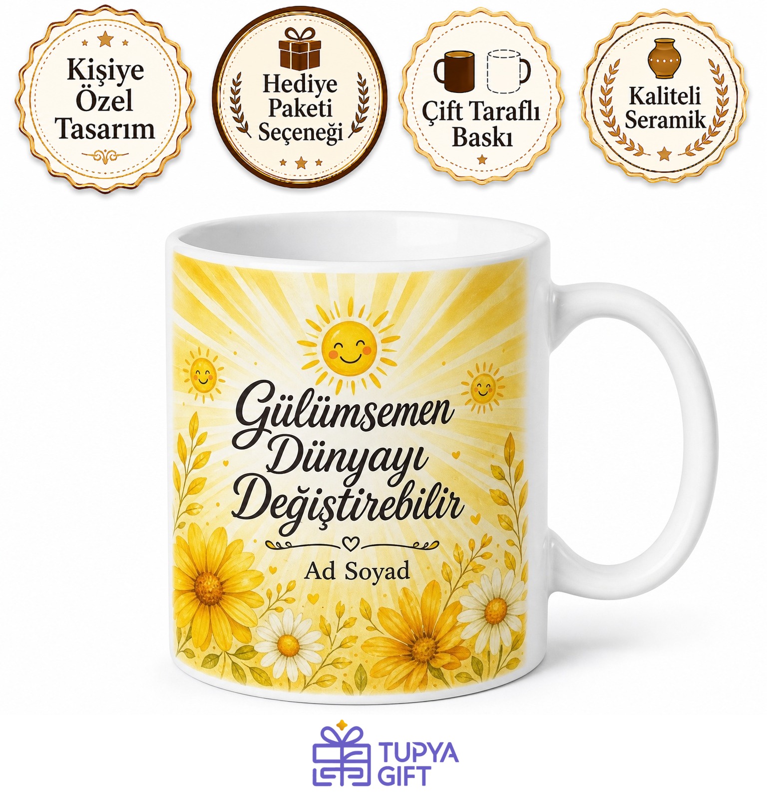 Gülümsemen Dünyayı Değiştirebilir Neşe Saçan Sarı Seramik Kupa Hediye Bardak